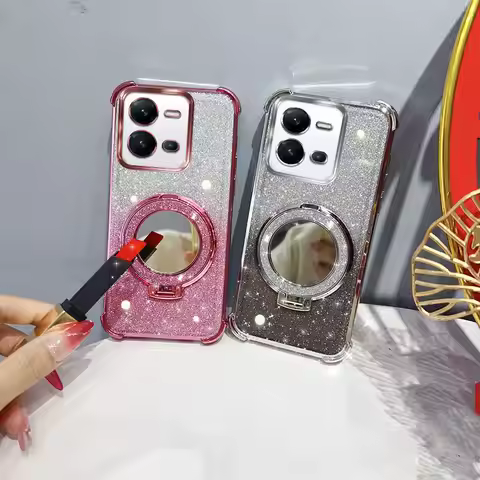 Glitter Four-Corner Shockproof Phone Case with Mirror Stand Beaded Strap For Vivo V25 V25e X80 Lite 