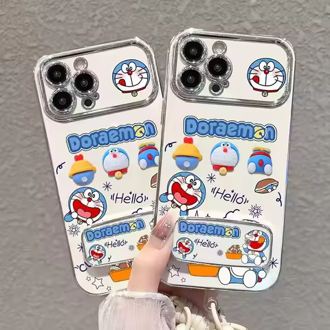 Ussid Cartoon Doraemon Phone Case Aesthetic Cute with Kickstand Mirror Lanyard for iPhone 17/16 pro 