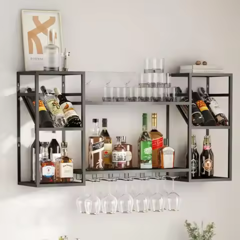 Wall Mounted Wine Rack with Glass Holder,Metal Floating Bar Liquor Shelves 2 Tier,Wine Glass Rack Mu