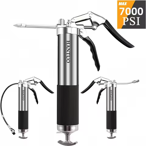 Grease Gun 7000 PSI Pistol Grip 14oz Load 18Inch Spring Flex Hose 2Grease Couplers 2Extension Rigid