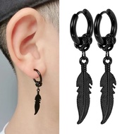 Punk Fashion Feather Pendant Stainless Steel Hoop Earrings Black Earrings Korean Style Earing Jewelr