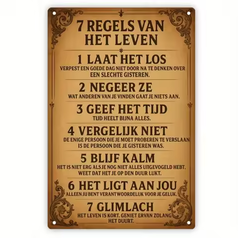 [2D Flat] Vintage Dutch Metal Wall Sign "7 Regels Van Het Leven" - Rustic Iron Decor with Inspiratio