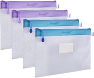 Zipper File Bag, Wisdompro 4 Packs Letter Size Receipt Organizer Paper Document Storage Zipper Pouch Holder with Label Pocket for Office Documents, Business Receipts, School Supplies - Blue/Purple