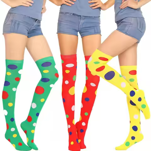 New Women Girls Clown Cosplay Long Socks Fun Colorful Irregular Polka Dot Printed Over Knee Girl's T