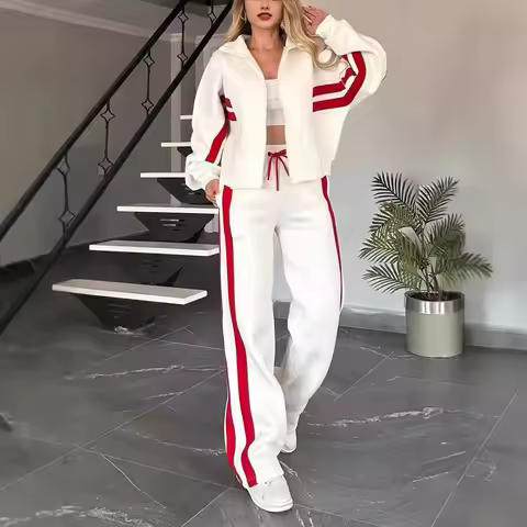 2026 Spring and Autumn Foreign Trade Y2K Striped Zipper Top Coat Casual Sports Set for Women Juicy C