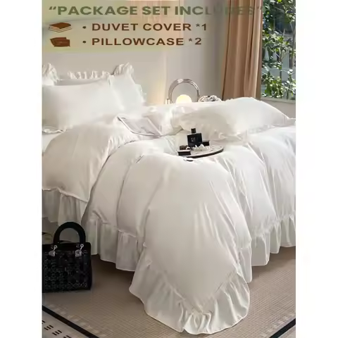 White UltraSoft SkinFriendly Ruffle Floral Bedding Set 1 Duvet Cover, 2 Pillow Shams, Excluding Fill