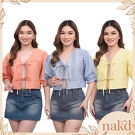 NAKD FASHION MOLLIE GANNI DUPE RIBBON LINEN CONQUETTE 3/4 PUFF SLEEVES FRONT TIE CASUAL TOP 1872