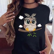Cartoon Owl Print T Shirt Women Kawaii Graphic Shirts Casual Short Sleeved Black Female Tee O-neck H