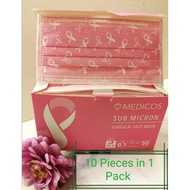 Medicos 3 Ply Surgical Mask 10 Pieces Loose Prepacked In Plastic Bag Pink Color Ribbon Design Comfort High Grade Mask