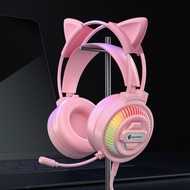 Gaming Headset with Microphone Cat Ears Pink White 3.5 USB Wired Stereo Gmaing Headphone with Led Light for Laptop Ps4xbox One
