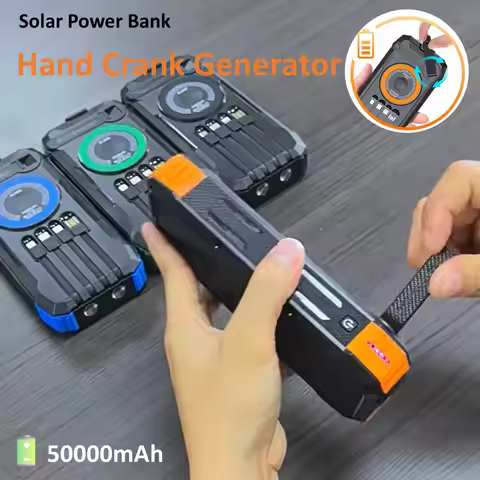 Hand Crank Solar Power Bank 50000mAh, Emergency Portable External Battery, 4 Cables, Compass & SOS R