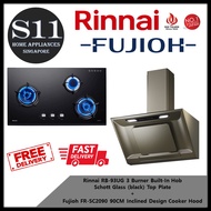 Rinnai RB-93UG 3 Burner Built-In Hob Schott Glass (black) Top Plate + Fujioh FR-SC2090 90CM Inclined Design Cooker Hood BUNDLE DEAL - FREE DELIVERY