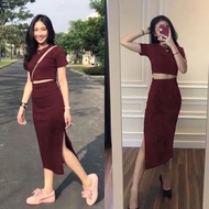 Toplyshop Setelan Wanita Kiyora / Setelan Atasan & Rok Belah Tengah / Trend Fashion  2020 / [ BISA C