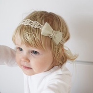 Golden Baby Headband, Crochet Bow Headband, Adjustable Length Gold Headband