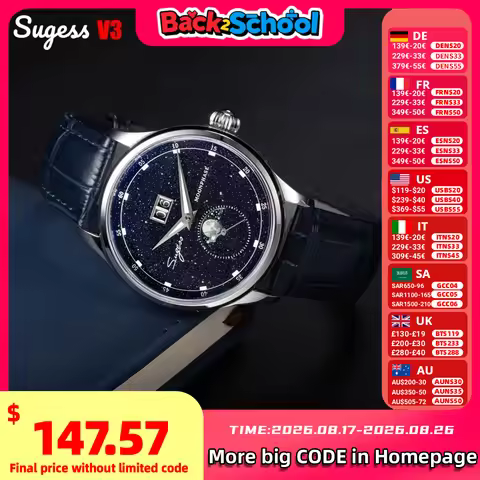Sugess Moonphase Watch of Men 40mm Automatic Mechanical Wristwatches Origin ST2528 Movement Stainles