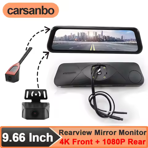 Carsanbo 9.66 Inch IPS LCD Full Screen Car Rear View Mirror Monitor wth 4K Front View Camera and 108