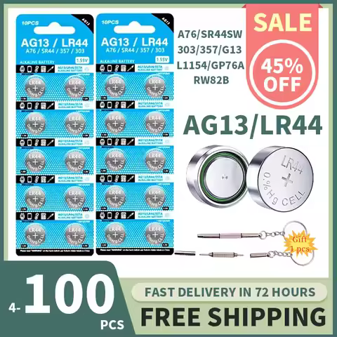 AG13 LR44 A76 1.55V Alkaline Button Battery (4-100PCS) - 357 357A SR44 for Watch,Calculator,Car Key,