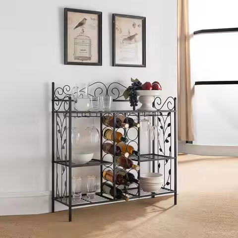 Wine Rack Table with Glass Holder, Wine Bar Cabinet with 12-Bottle Wine & Liquor Storage, Coffee Bar
