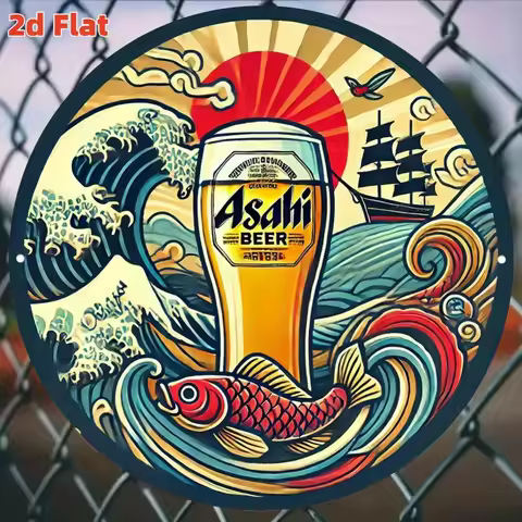 2D Flat "Asahi Beer Waves" 7.79" Round Aluminum Sign - Japanese Style, Bar Izakaya Decor, Beer Enthu
