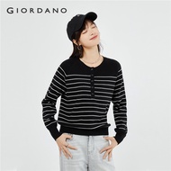 GIORDANO Women Sweaters Crewneck Half Button Classic Stripe Sweaters Simple Basic Warm Fashion Casua
