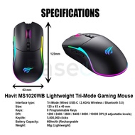 Havit MS1020WB Wireless Gaming Mouse / Tri-Mode (2.4G/BT/Wired) / 10000 DPI / 9 Programmable Buttons