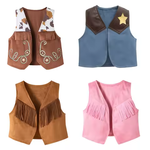 Toddler Boys Girls Western Cowboy Outfit Vest Cowboy Hat Bandana Cosplay Costume Birthday Festival P