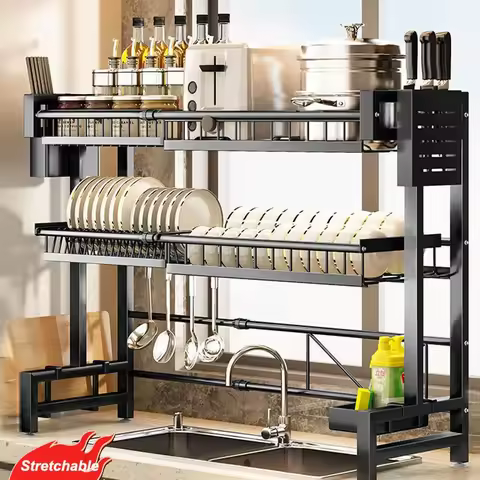 Kitchen Multifunctional Storage Shelf Above The Sink Stretchable Bowl Draining Rack Dish Knife Spoon