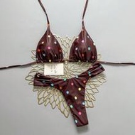 Basics 2pcs Polka Dot Random Print Gold Ring Decor Halter Triangle Cup Bra And Ruched Thong Bikini S