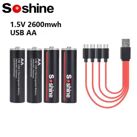 Soshine 1.5v AA Rechargeable Battery USB Li-ion 2600mWh 2A Batteries 1.5 Volt Lithium Battery with 4
