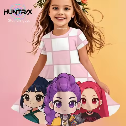Girls Kids Kpop Demon Hunters Dress Summer Anime Cartoon Princess Beach Dress Casual Sleepwear