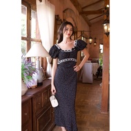 Fiona Dress - Black and White Polka Dot Maxi Dress with Fluffy Puff Sleeves
