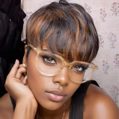 Ombre Color 1B/30 Color Straight Human Hair Wig Pixie Cut Human Hair Wig With Bangs Full Machine Mad
