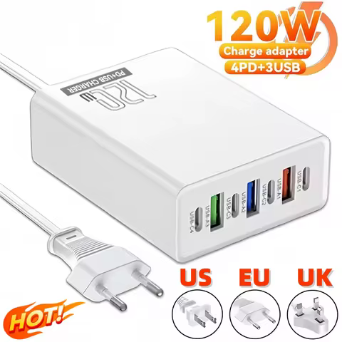 120W Charging Head 7 Ports 3USB+4PD Fast Charging Phone Charger Head 5V4A US/EU/UK Standard Charger 
