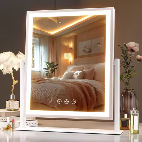 Lighted Makeup Mirror Hollywood Style, 3-Color Lighting Dimmable with Smart Touch & 360° Rotation, T