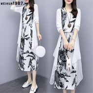 JS Women's Clothing Medium - long print dress art cotton linen two - piece match Plus Size Dress Lab