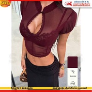YK2 Chinese Style Lace Collar Crop Top For Women Women's Shirt