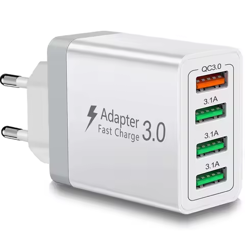 EU Plug 4-Ports USB-A Wall Charger Adapter, 40W QC3.0 Fast Charging Block Mobile Phone Chargers For 