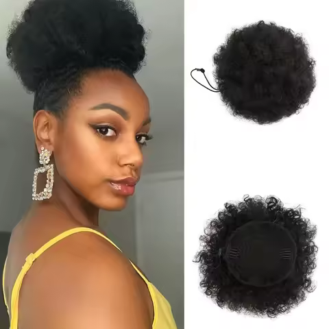 Afro Kinky Curly Ponytail Brazilian Remy Human Hair Drawstring Afro Puff Hair Bun Clip In Hair Exten