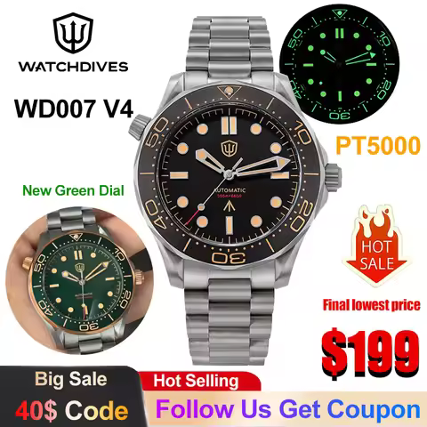 Watchdives WD007 V4 Titanium Mechanical Watch PT5000 Automatic Movement Sapphire 200m Waterproof Lum