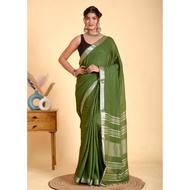 Mehandi Green Linen Saree With Silver Border & Green and white Tassels