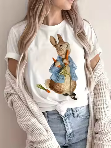 Peter Rabbit Bunny & Carrot Graphic Printed Women's T-shirt Summer Casual Short Sleeved Women's Clot