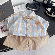 Boy Clothes Boy Suit New Style Children Short-Sleeved Plaid Baby Clothes Handsome Shirt Two-Piece Cl