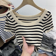 knitwear woman baju knitwear Japanese Retro Stripe Knit T-Shirt - U-Neck Women's Summer Top