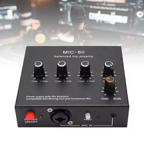 Microphone Preamp 60dB Mic Pre Amp XLR 3.5mm 6.35mm Inputs Outputs 48V Power Supply for Dynamic Cond