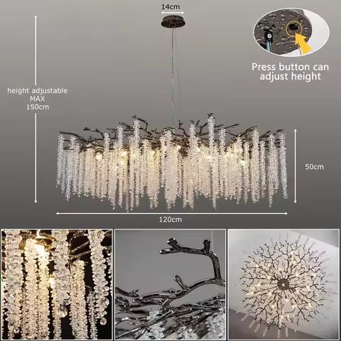 Modern Black Round Branches Crystal Chandelier Lighting for Dining Room Living Room Bedroom Table K9