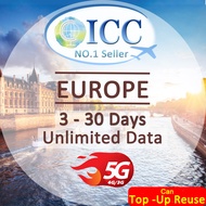 ICC Europe Sim Card 3-30 Days Unlimited Data (Include Turkey/Balkans*) Can top up reuse/Europe SIM C