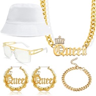 80 90s Hip Hop Queen Costume Kit Hat Accessories Set for Women Rapper DJ