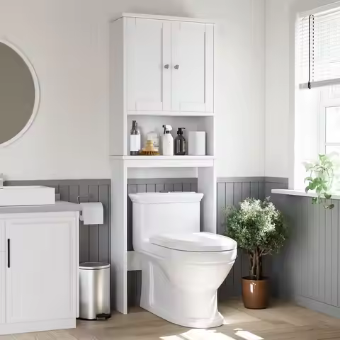 Over The Toilet Bathroom Shelf Storage Cabinet Anti-Tip Space Saver Freestanding Adjustable Shelf 8.