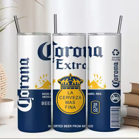 Corona Extra Beer Design Stainless Steel Tumbler, 20 fl oz, Insulated Travel Cup with Straw, White a