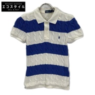 Polo Ralph Lauren 白色 x 藍色邊框小馬刺繡短袖針織上衣，M 碼 [二手]